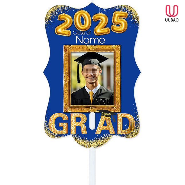 UUBAO Personalized Graduation Double Sided Face Fan Class of 2025 Customized Graduation Head Face Cutout with Handle Fun Photo Prop Supplies(Blue and Gold)