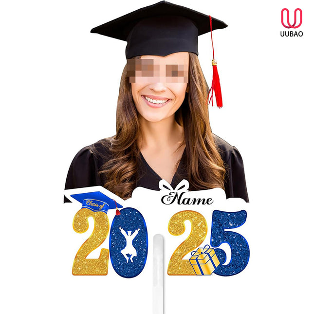 UUBAO Personalized Graduation Double Sided Face Fan Class of 2025 Customized Graduation Head Face Cutout with Handle Fun Photo Prop Supplies(Blue and Gold)