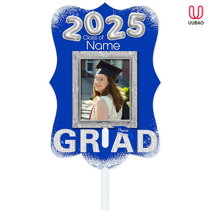 UUBAO Personalized Graduation Double Sided Face Fan Class of 2025 Customized Graduation Head Face Cutout with Handle Fun Photo Prop Supplies(Blue and Silver)