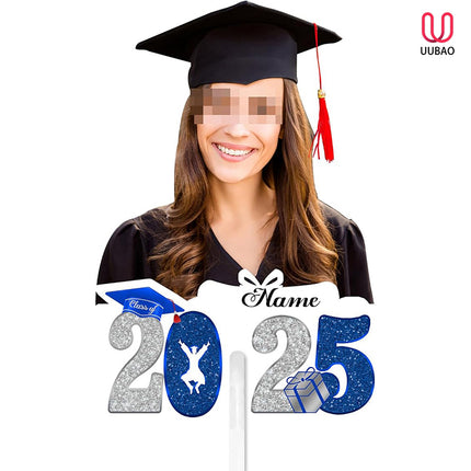 UUBAO Personalized Graduation Double Sided Face Fan Class of 2025 Customized Graduation Head Face Cutout with Handle Fun Photo Prop Supplies(Blue and Silver)