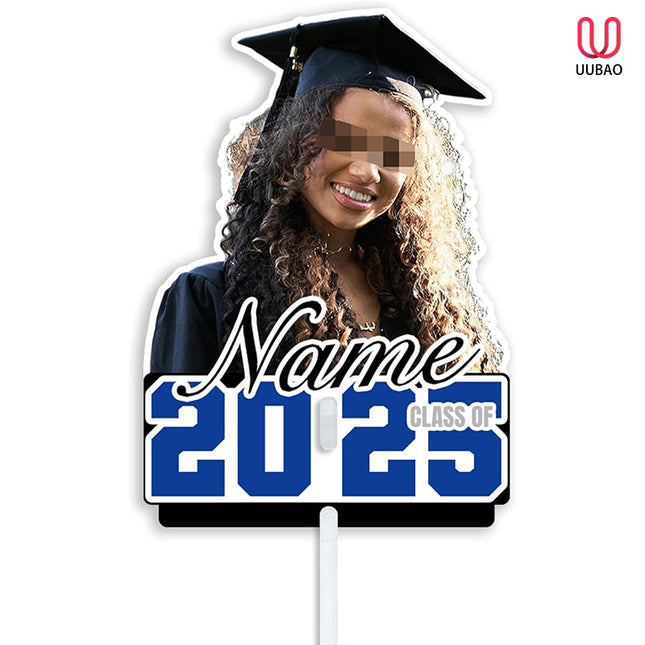 UUBAO Personalized Graduation Double Sided Face Fan Class of 2025 Customized Graduation Head Face Cutout with Handle Fun Photo Prop Supplies(Blue and Silver)