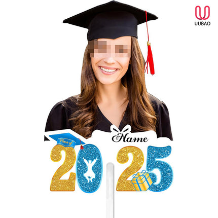 UUBAO Personalized Graduation Double Sided Face Fan Class of 2025 Customized Graduation Head Face Cutout with Handle Fun Photo Prop Supplies(Sky Blue)