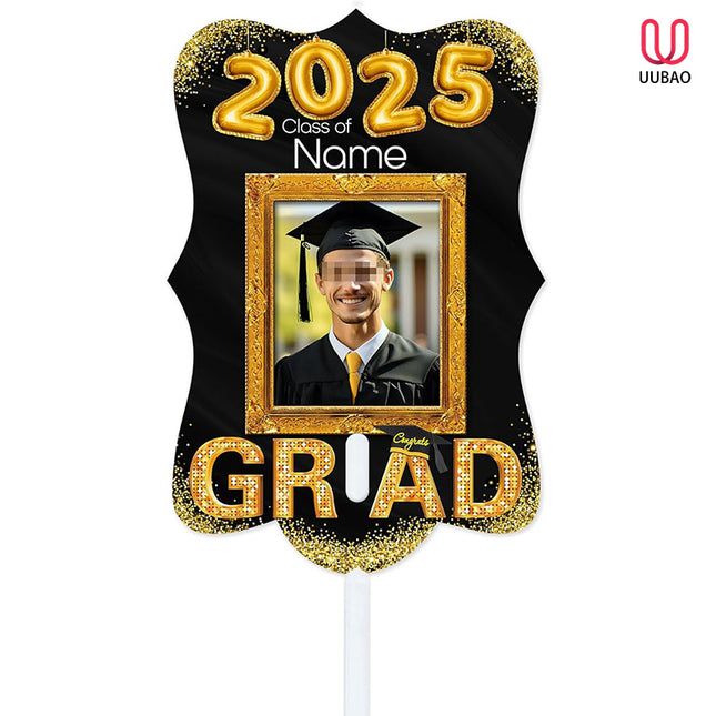 UUBAO Personalized Graduation Double Sided Face Fan Class of 2025 Customized Graduation Head Face Cutout with Handle Fun Photo Prop Supplies(Black and Gold)
