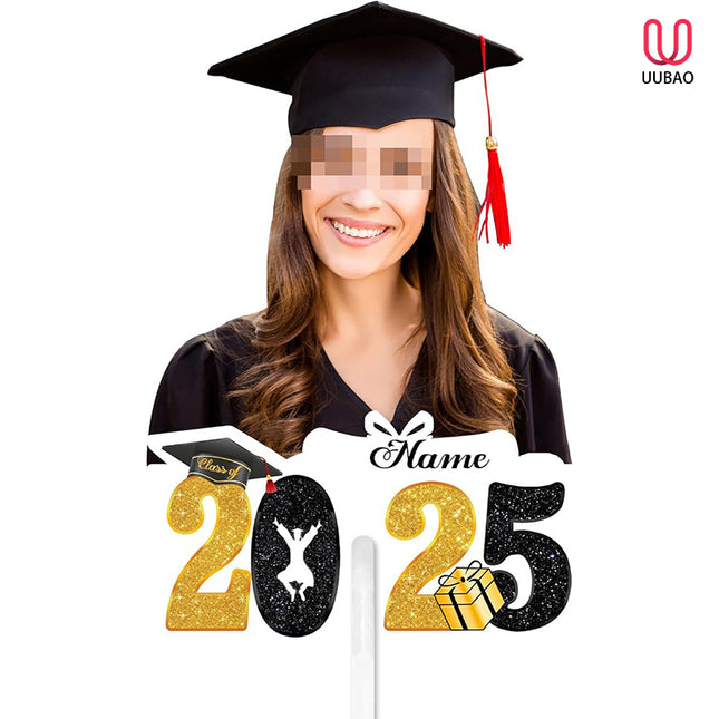 UUBAO Personalized Graduation Double Sided Face Fan Class of 2025 Customized Graduation Head Face Cutout with Handle Fun Photo Prop Supplies(Black and Gold)