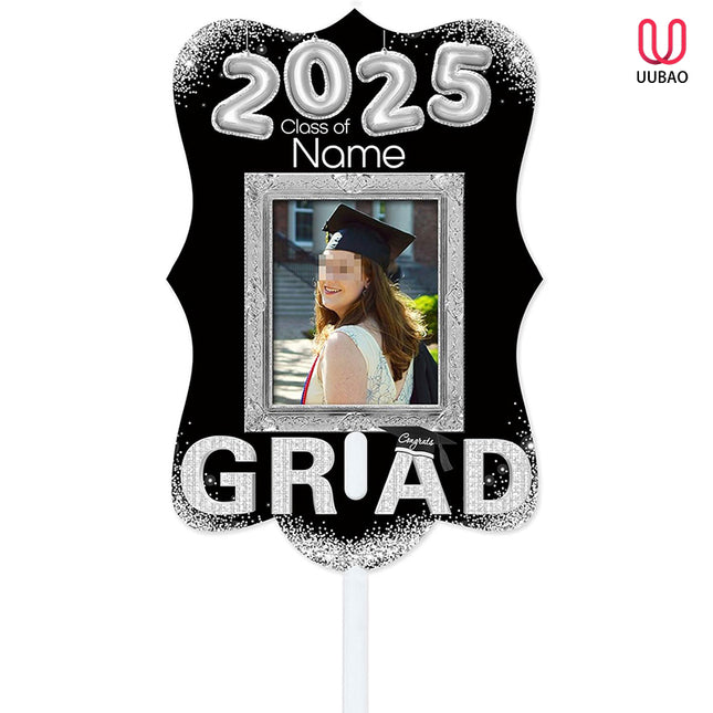 UUBAO Personalized Graduation Double Sided Face Fan Class of 2025 Customized Graduation Head Face Cutout with Handle Fun Photo Prop Supplies(Black and Silver)