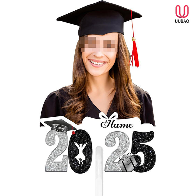 UUBAO Personalized Graduation Double Sided Face Fan Class of 2025 Customized Graduation Head Face Cutout with Handle Fun Photo Prop Supplies(Black and Silver)