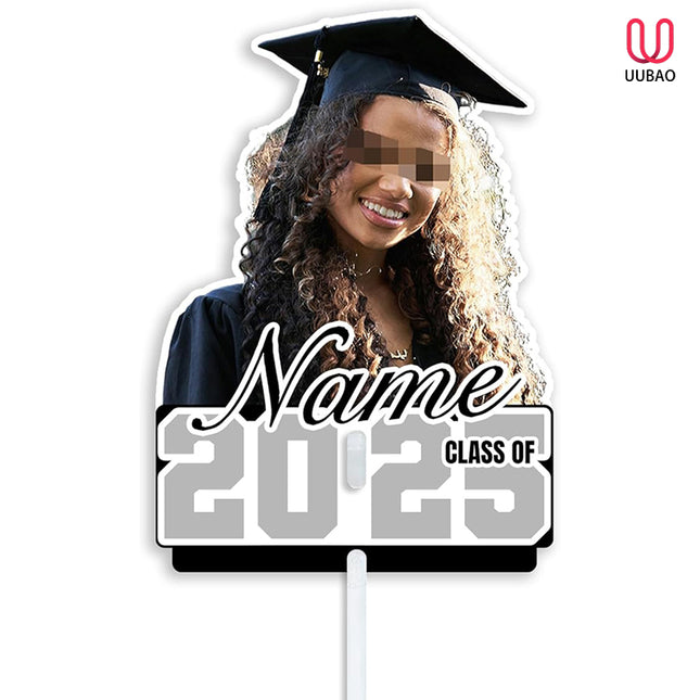 UUBAO Personalized Graduation Double Sided Face Fan Class of 2025 Customized Graduation Head Face Cutout with Handle Fun Photo Prop Supplies(Black and Silver)