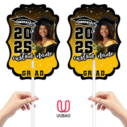 UUBAO Personalized Graduation Double Sided Face Fan Class of 2025 Customized Graduation Head Face Cutout with Handle Fun Photo Prop Supplies(Yellow)
