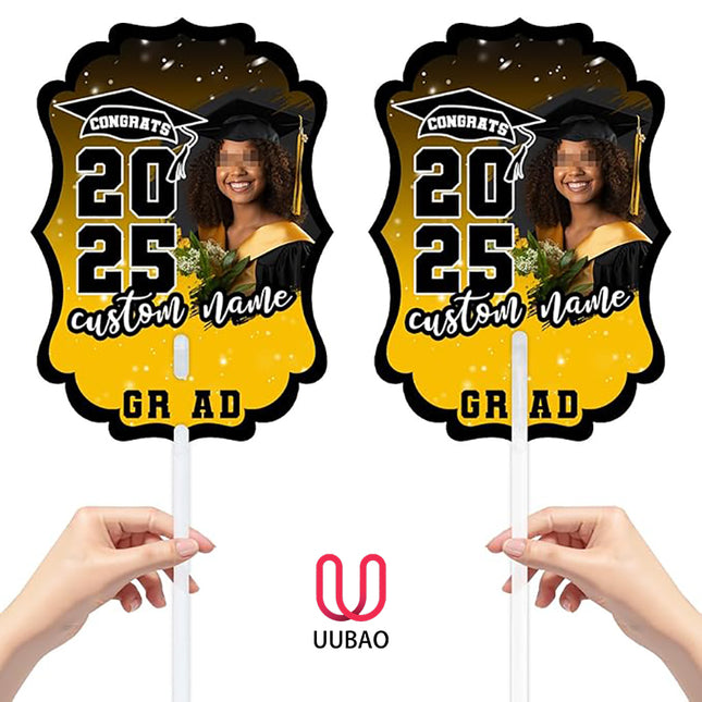 UUBAO Personalized Graduation Double Sided Face Fan Class of 2025 Customized Graduation Head Face Cutout with Handle Fun Photo Prop Supplies(Yellow)