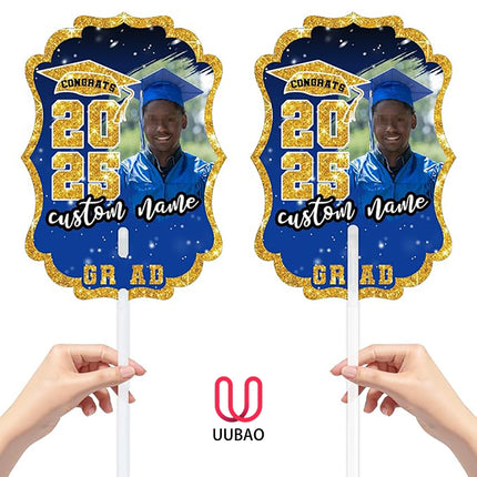 UUBAO Personalized Graduation Double Sided Face Fan Class of 2025 Customized Graduation Head Face Cutout with Handle Fun Photo Prop Supplies(Blue and Gold)