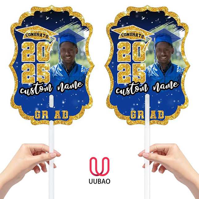 UUBAO Personalized Graduation Double Sided Face Fan Class of 2025 Customized Graduation Head Face Cutout with Handle Fun Photo Prop Supplies(Blue and Gold)