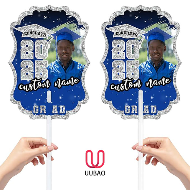 UUBAO Personalized Graduation Double Sided Face Fan Class of 2025 Customized Graduation Head Face Cutout with Handle Fun Photo Prop Supplies(Blue and Silver)
