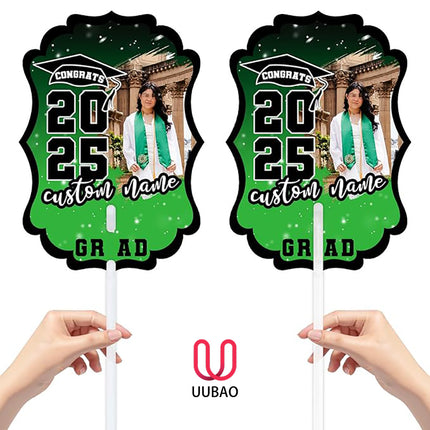 UUBAO Personalized Graduation Double Sided Face Fan Class of 2025 Customized Graduation Head Face Cutout with Handle Fun Photo Prop Supplies(Light Green)