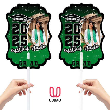 UUBAO Personalized Graduation Double Sided Face Fan Class of 2025 Customized Graduation Head Face Cutout with Handle Fun Photo Prop Supplies(Dark Green)