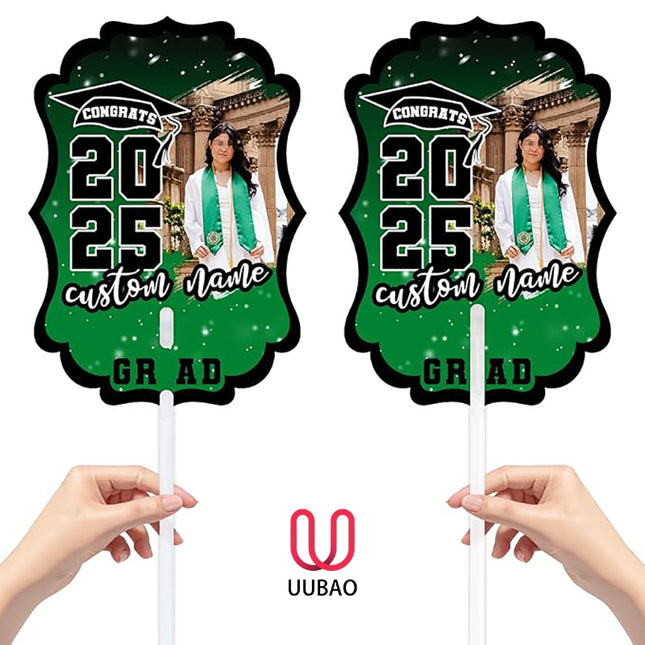 UUBAO Personalized Graduation Double Sided Face Fan Class of 2025 Customized Graduation Head Face Cutout with Handle Fun Photo Prop Supplies(Dark Green)
