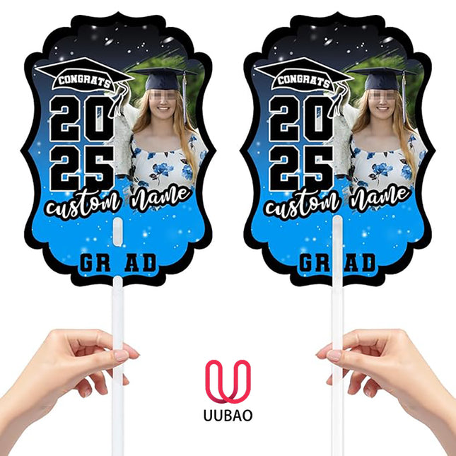 UUBAO Personalized Graduation Double Sided Face Fan Class of 2025 Customized Graduation Head Face Cutout with Handle Fun Photo Prop Supplies(Sky Blue)