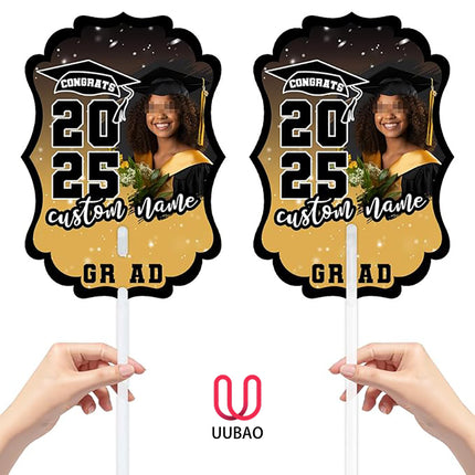UUBAO Personalized Graduation Double Sided Face Fan Class of 2025 Customized Graduation Head Face Cutout with Handle Fun Photo Prop Supplies(Champagne)