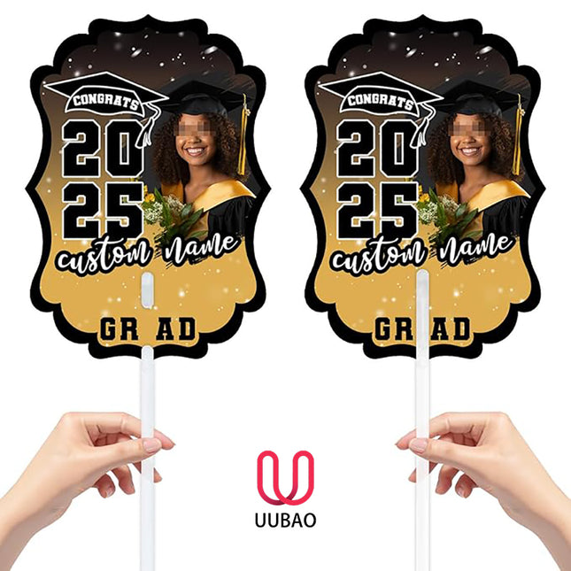 UUBAO Personalized Graduation Double Sided Face Fan Class of 2025 Customized Graduation Head Face Cutout with Handle Fun Photo Prop Supplies(Champagne)