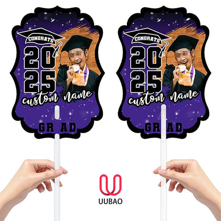 UUBAO Personalized Graduation Double Sided Face Fan Class of 2025 Customized Graduation Head Face Cutout with Handle Fun Photo Prop Supplies(Purple)