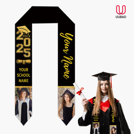 UUBAO Personalized Graduation Stole Class of 2025 Custom Academic Ceremony Shawl for Graduations Formal Events(Black and Gold)