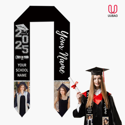 UUBAO Personalized Graduation Stole Class of 2025 Custom Academic Ceremony Shawl for Graduations Formal Events(Black and Silvery)