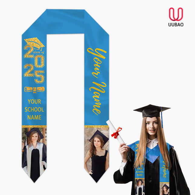 UUBAO Personalized Graduation Stole Class of 2025 Custom Academic Ceremony Shawl for Graduations Formal Events(Sky Blue)