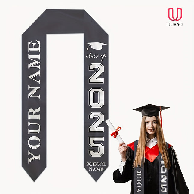 UUBAO Personalized Photo Name Graduation Shawl Custom Multi-color Option Graduation Stole Class Of 2025 Honor Shoulder Strap Decoration (Silvery)