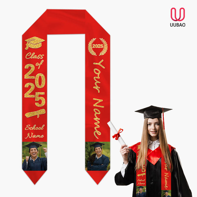 UUBAO Personalized Photo Name Graduation Shawl Custom Multi-color Option Graduation Stole Class Of 2025 Honor Shoulder Strap Decoration (Red)
