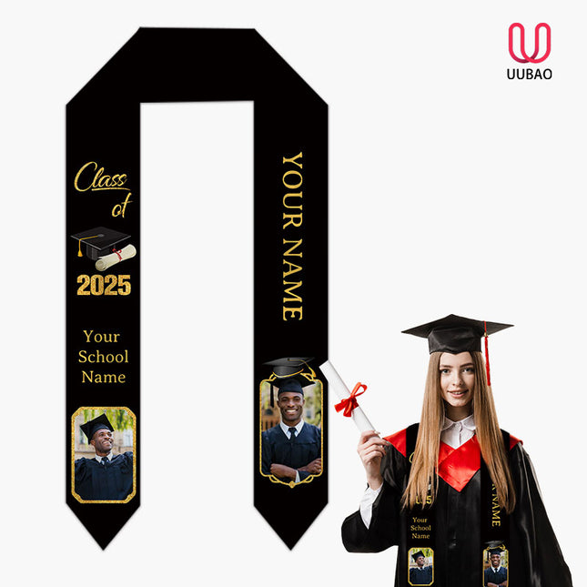 UUBAO Personalized Graduation Stole Class of 2025 Custom Academic Ceremony Shawl for Graduations Formal Events(Black and Gold)