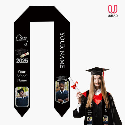 UUBAO Personalized Graduation Stole Class of 2025 Custom Academic Ceremony Shawl for Graduations Formal Events(Black and Silvery)