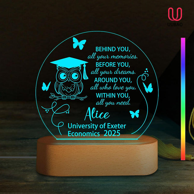 UUBAO Personalized Graduation Lamp Gifts for Her or Him Class of 2025 Custom Name College & Year Congrats Grad 3D Illusion Night Light Decoration for High School Graduation or University (Owl)