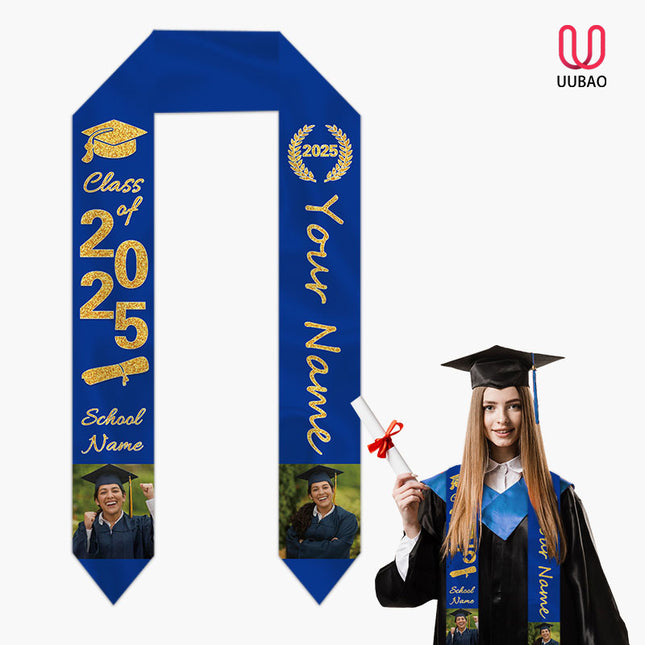 UUBAO Personalized Photo Name Graduation Shawl Custom Multi-color Option Graduation Stole Class Of 2025 Honor Shoulder Strap Decoration (Royal Blue)