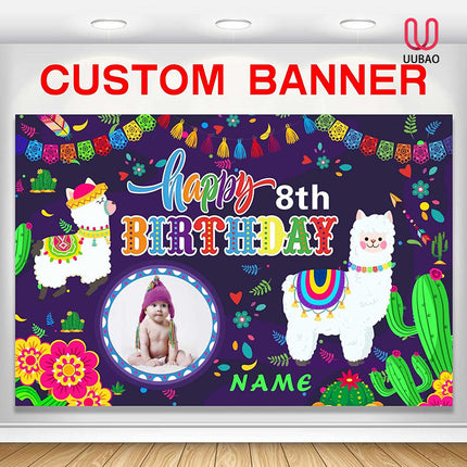 UUBAO Custom Llama Cactus Happy Birthday Party Decorations Supplies Personalized Backdrop Banner