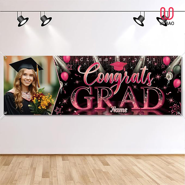 UUBAO Custom Graduation Party Decorations Personalization Banner Class of 2025 Backdrop (Pink）
