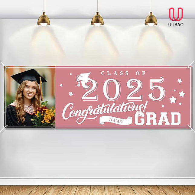 UUBAO Custom Graduation Party Decorations Personalization Banner Class of 2025 Backdrop (Pink）