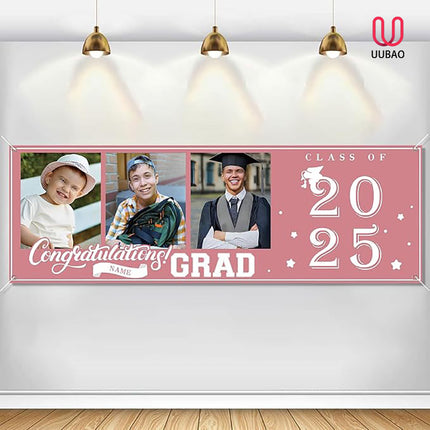 UUBAO Custom Graduation Party Decorations Personalization Banner Class of 2025 Backdrop (Pink）