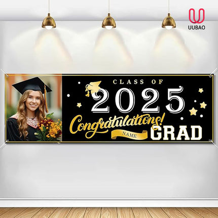UUBAO Custom Graduation Party Decorations Personalization Banner Class of 2025 Backdrop (Black and Gold）