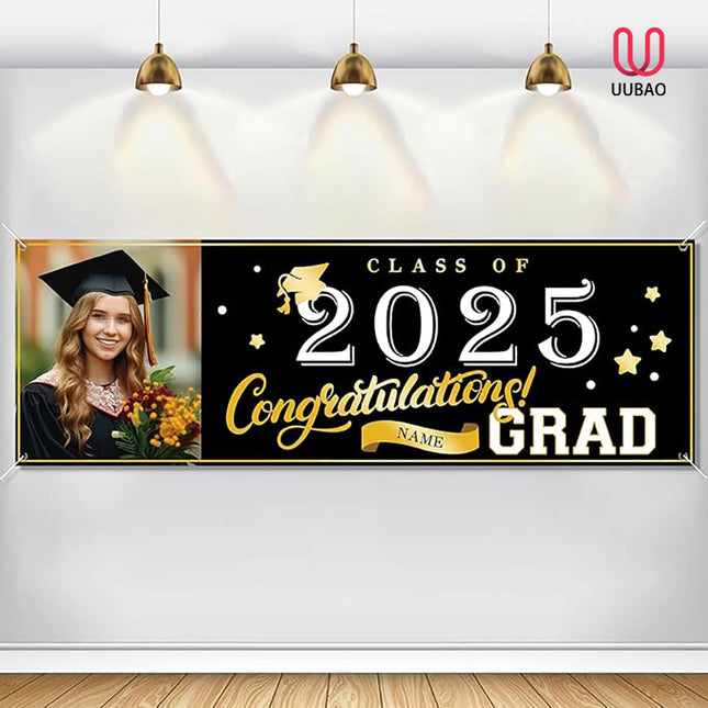UUBAO Custom Graduation Party Decorations Personalization Banner Class of 2025 Backdrop (Black and Gold）