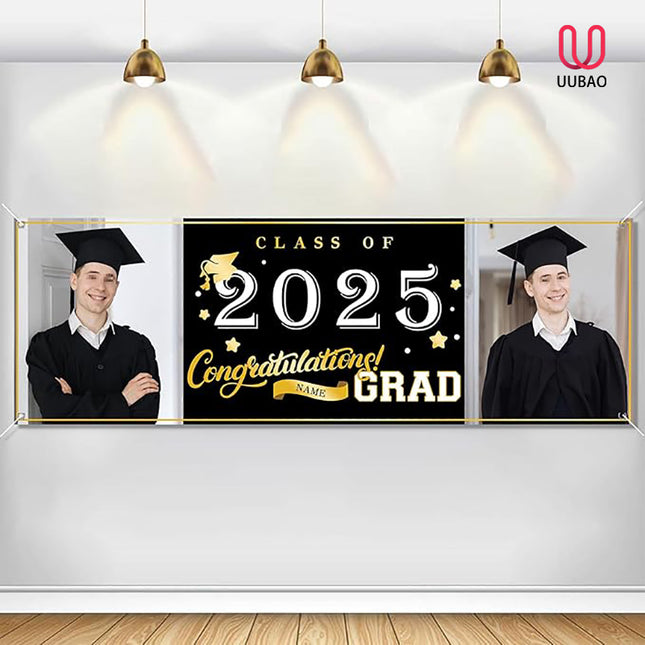 UUBAO Custom Graduation Party Decorations Personalization Banner Class of 2025 Backdrop (Black and Gold）