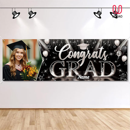 UUBAO Custom Graduation Party Decorations Personalization Banner Class of 2025 Backdrop (Black and Silver）