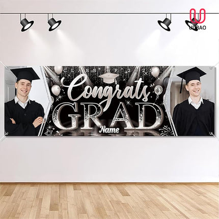 UUBAO Custom Graduation Party Decorations Personalization Banner Class of 2025 Backdrop (Black and Silver）