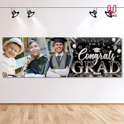 UUBAO Custom Graduation Party Decorations Personalization Banner Class of 2025 Backdrop (Black and Silver）