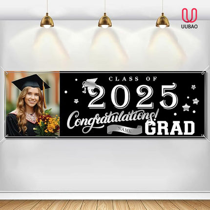 UUBAO Custom Graduation Party Decorations Personalization Banner Class of 2025 Backdrop (Black and Silver）