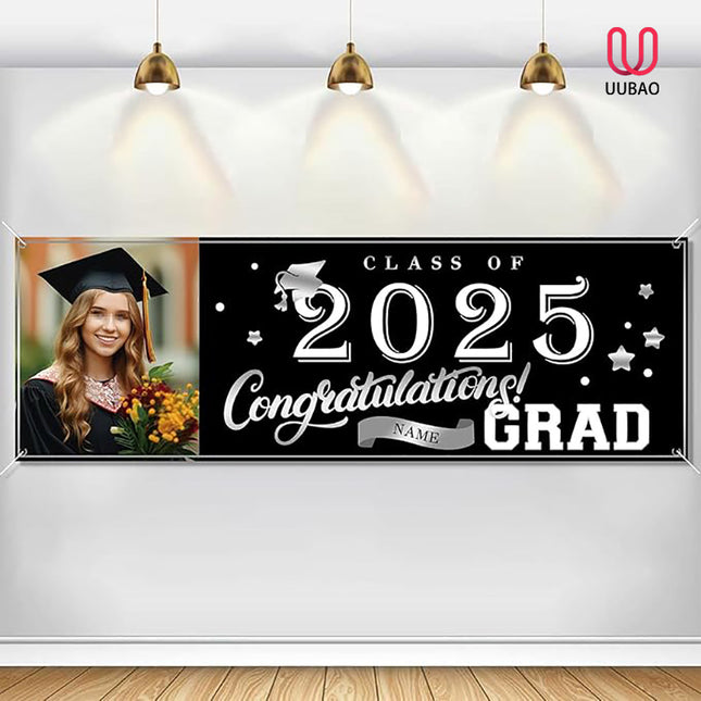 UUBAO Custom Graduation Party Decorations Personalization Banner Class of 2025 Backdrop (Black and Silver）