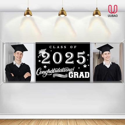 UUBAO Custom Graduation Party Decorations Personalization Banner Class of 2025 Backdrop (Black and Silver）