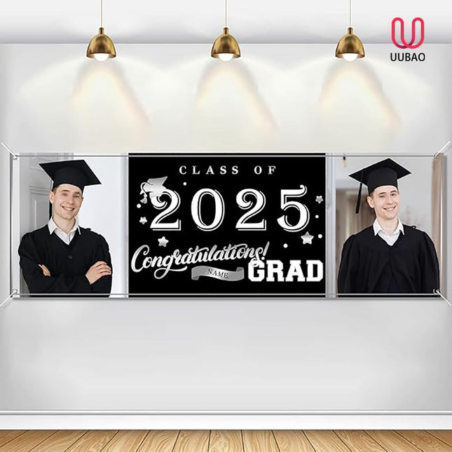 UUBAO Custom Graduation Party Decorations Personalization Banner Class of 2025 Backdrop (Black and Silver）