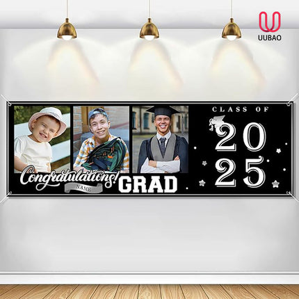 UUBAO Custom Graduation Party Decorations Personalization Banner Class of 2025 Backdrop (Black and Silver）
