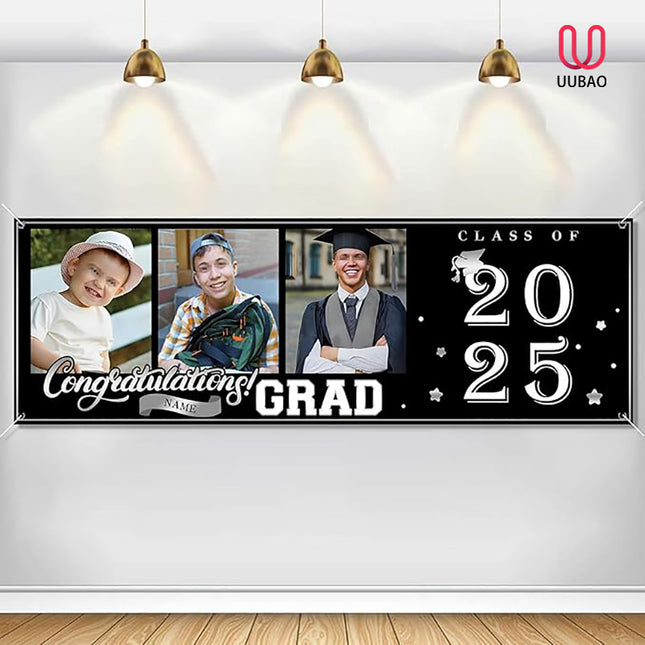 UUBAO Custom Graduation Party Decorations Personalization Banner Class of 2025 Backdrop (Black and Silver）
