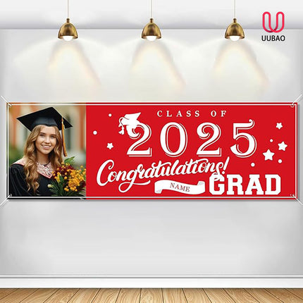 UUBAO Custom Graduation Party Decorations Personalization Banner Class of 2025 Backdrop (Red）
