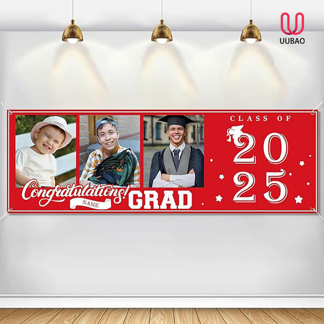UUBAO Custom Graduation Party Decorations Personalization Banner Class of 2025 Backdrop (Red）